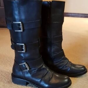 BCBG Black Leather Moto Boots with Buckle Accents Sz.9M